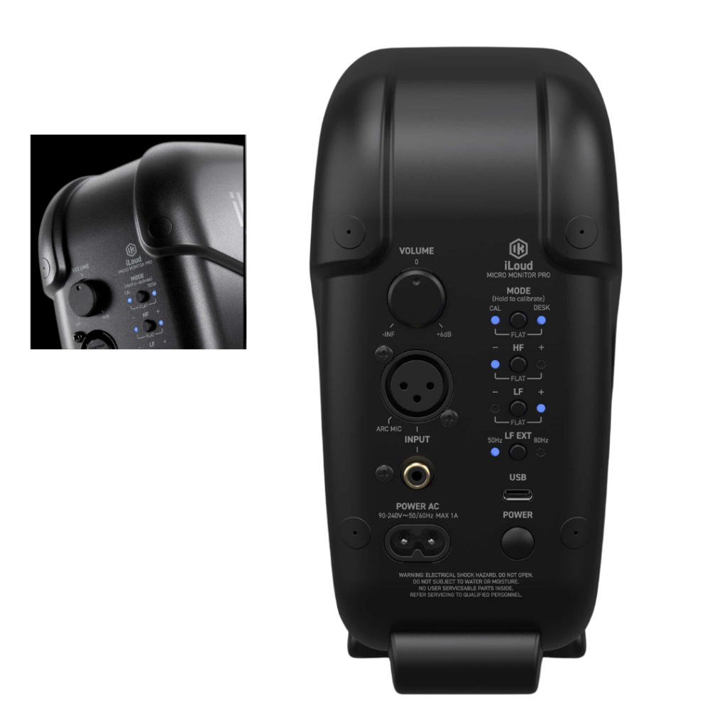 Rear view of the iLoud Micro Monitors PRO studio monitor speaker showing connection ports and controls”